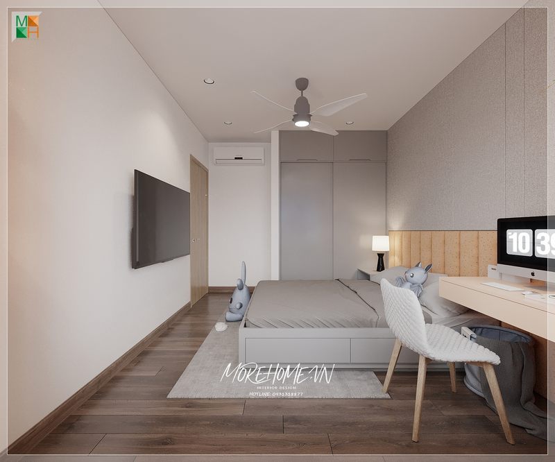 Tủ quần áo cửa lùa 2 cánh gỗ công nghiệp màu xám âm tường đóng góp vào sự hài hòa của không gian căn phòng bằng cách tạo ra một cảm giác hiện đại.