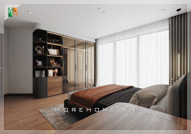 Hệ thống cửa kính ban công cường lực cánh lùa sẽ giúp bạn đón nhận ánh nắng tự nhiên để không gian phòng ngủ luôn thoáng mát và sáng sủa.