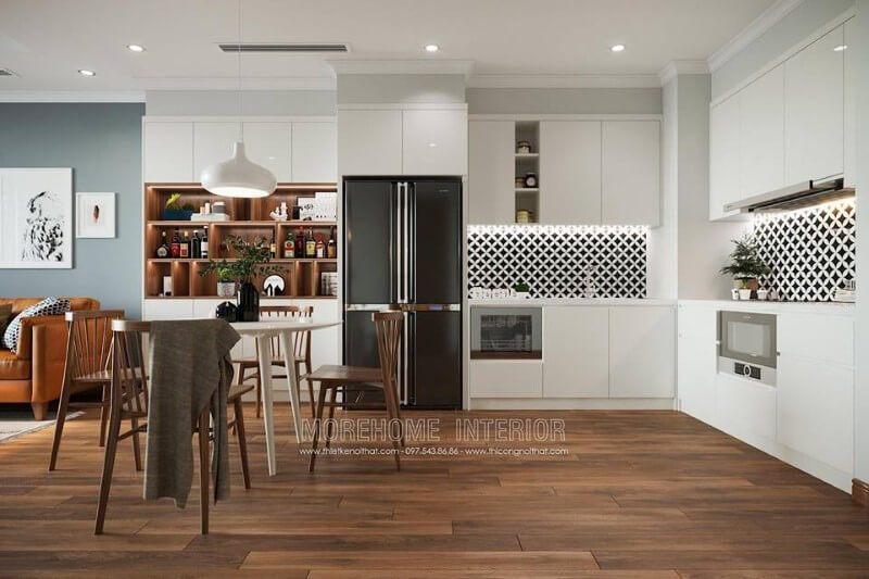 Hệ thống bếp được tạo ra với chất liệu gỗ công nghiệp, thiết kế hiện đại và tiện lợi.